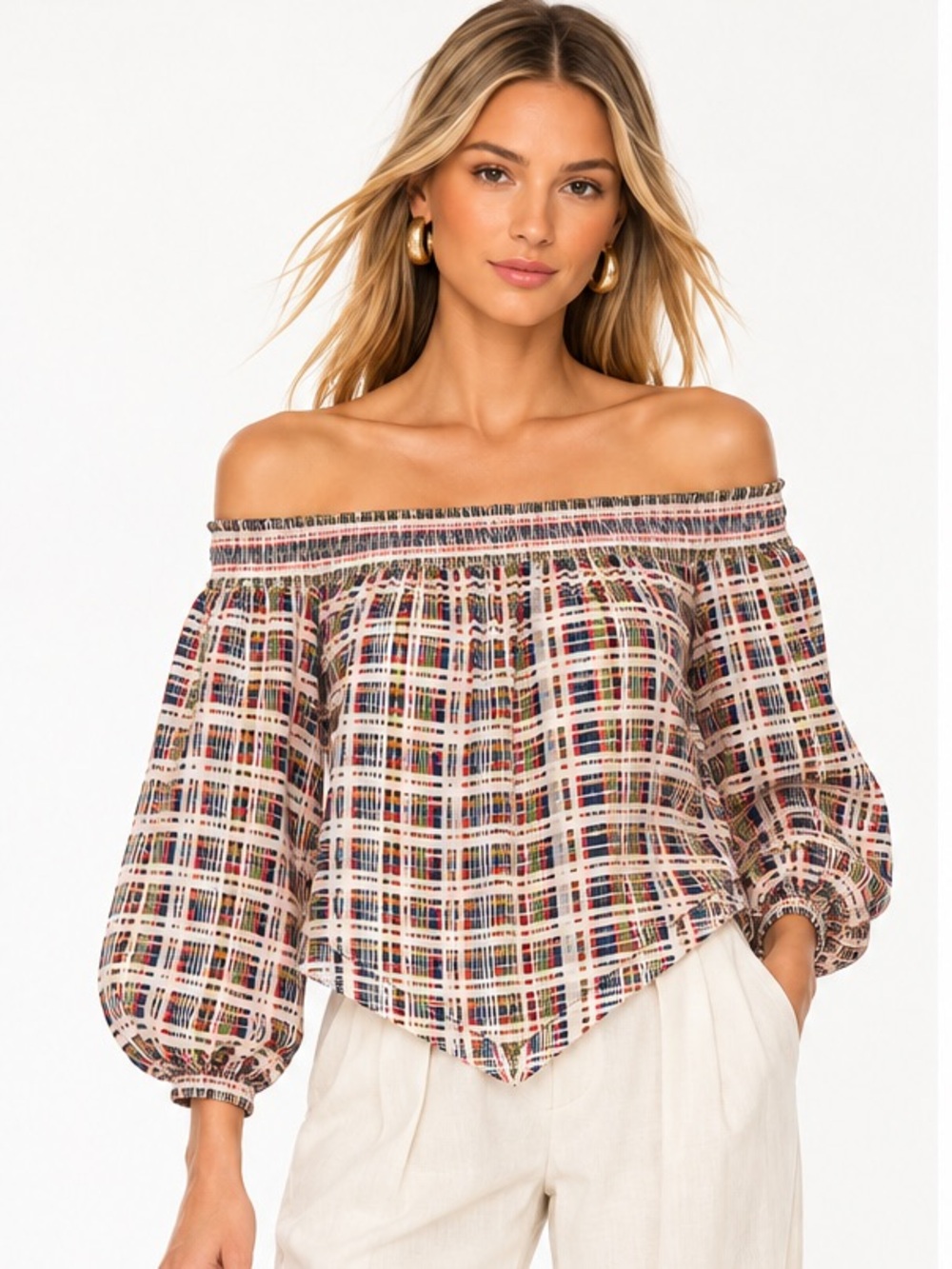 Derek Lam New York Silk Off Shoulder Blouse Plaid Print Size 4
Smocked Neck